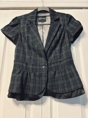 GUESS Grey Plaid Peplum Short Sleeve Blazer Jacket M